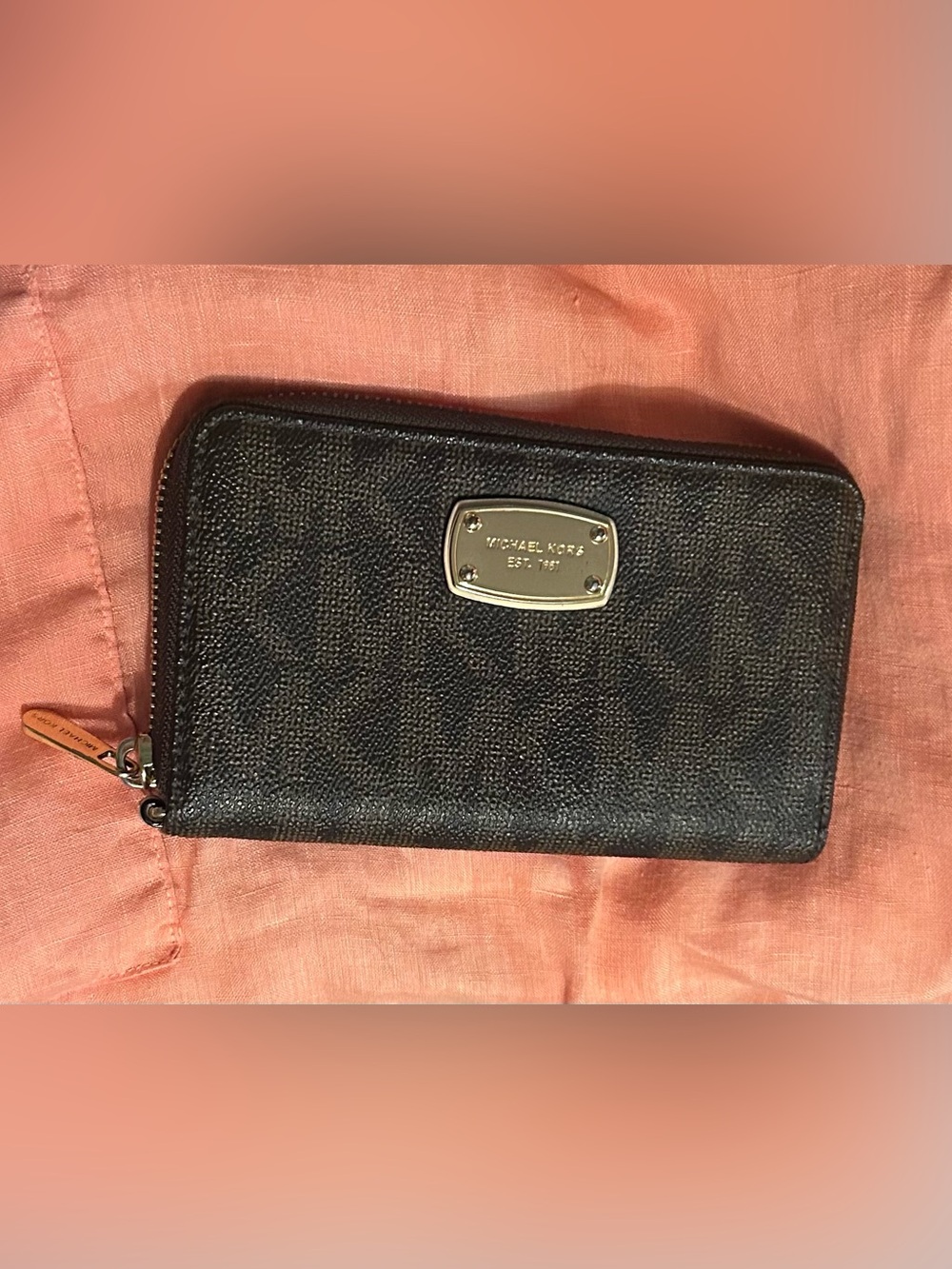 Michael Kors Dark Brown Pebbled Leather Zip Wallet with Metal Logo Plaque